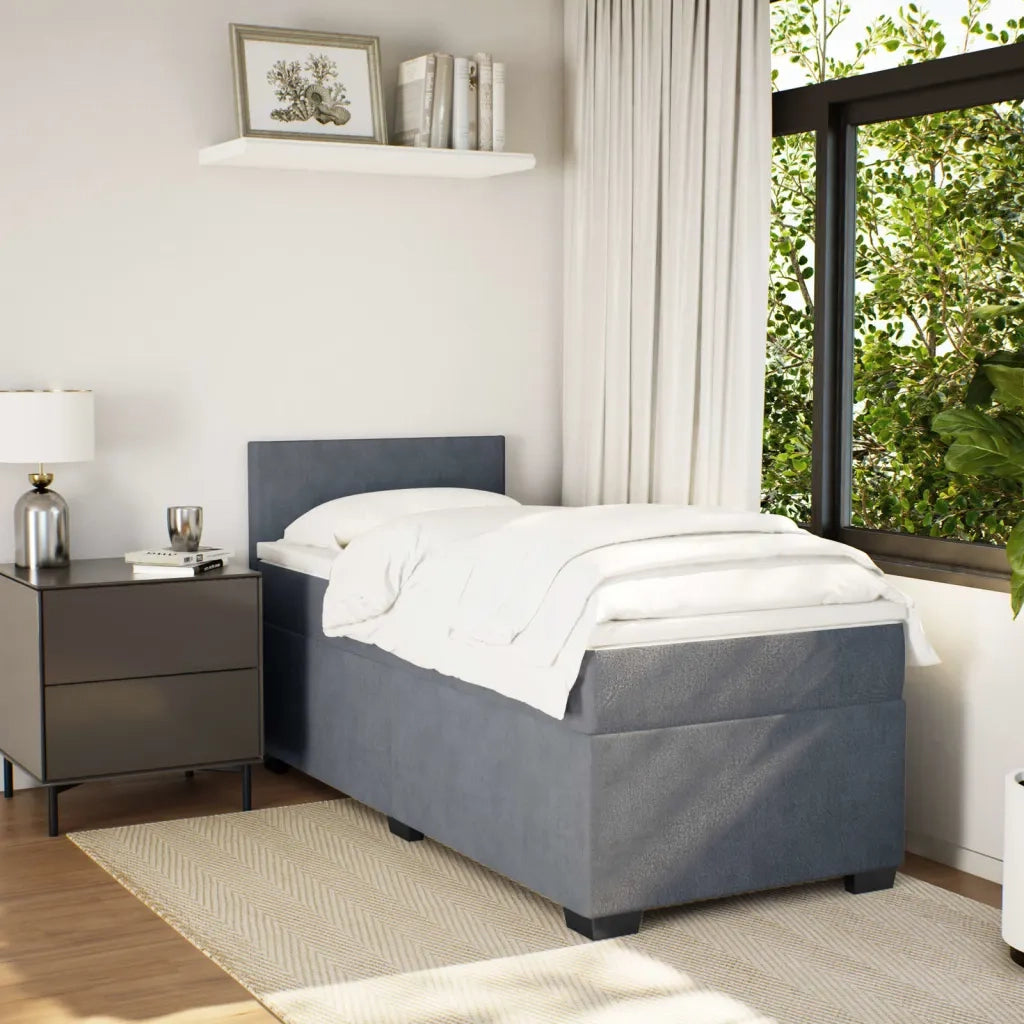 Letto a Molle con Materasso Grigio Scuro Singolo in Velluto