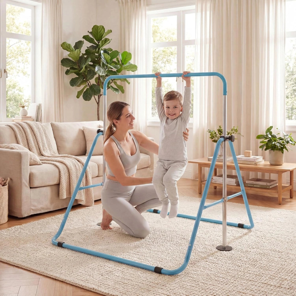 KOMFOTTEU Barra da ginnastica pieghevole per bambini, barra orizzontale con altezza regolabile in 5 livelli da 90 a 130 cm, carico di 70 kg, attrezzatura portatile per allenamento per interni esterni