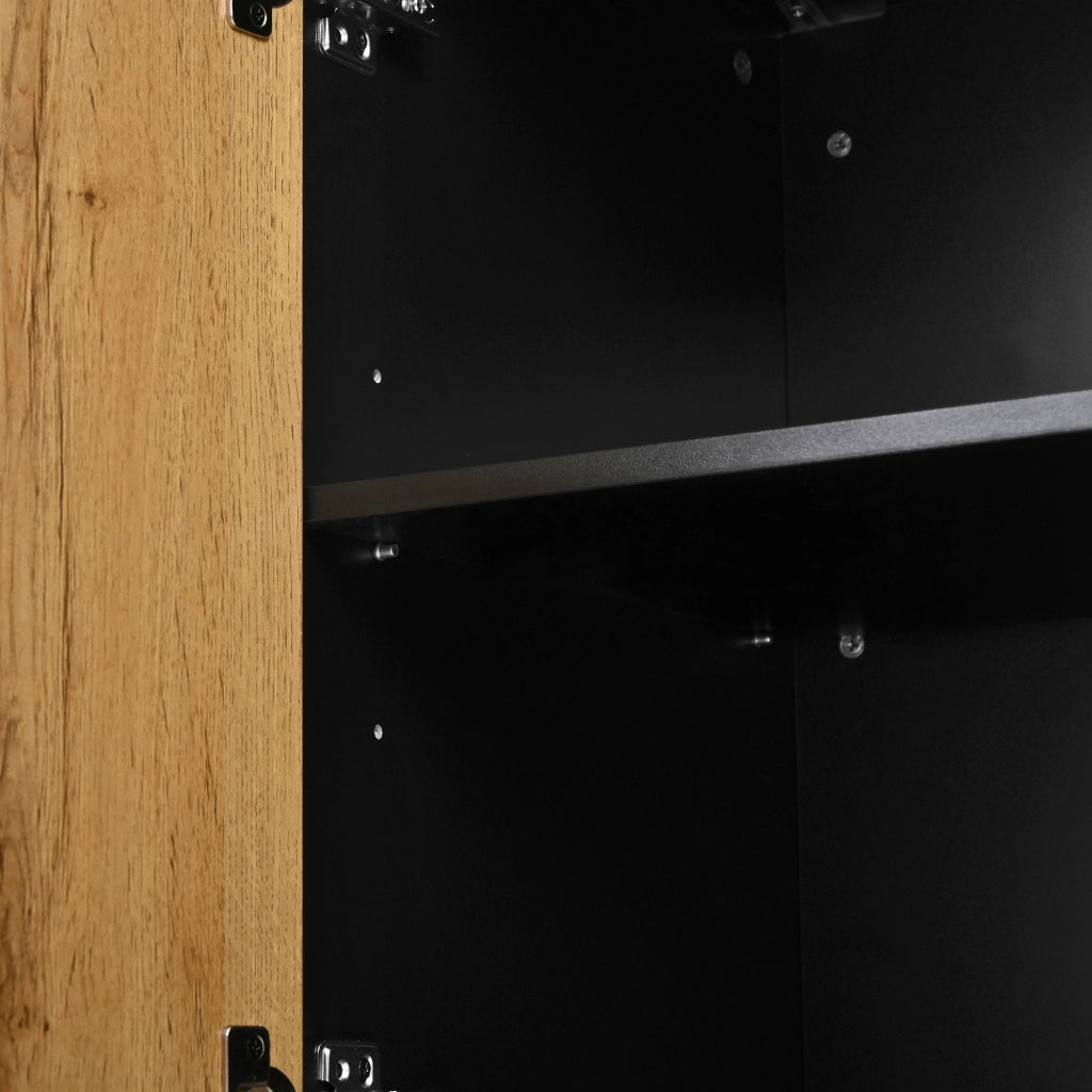 Credenza con 3 Ante e Ripiano Regolabile; Design Geometrico Moderno; in Pannello Truciolare; Nero e Legno; 160??40??72 cm