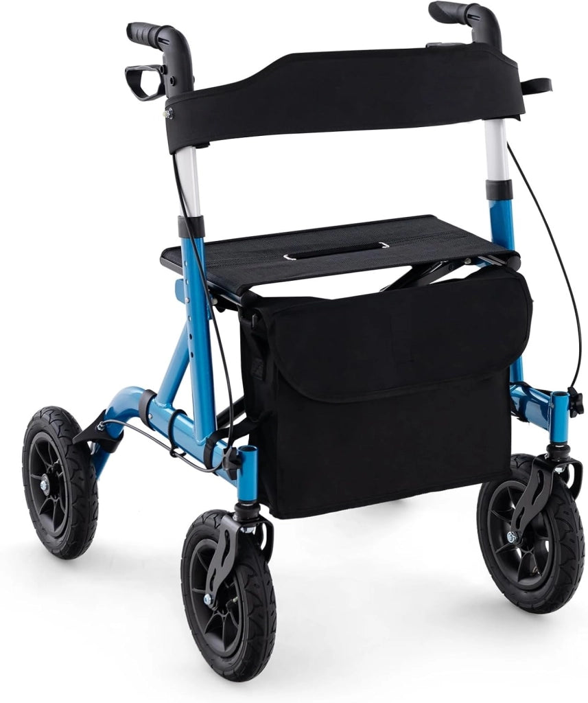 Deambulatore con Seduta 2 in 1, Rollator Pieghevole per Anziani con 4 Ruote, Maniglie Regolabili in Altezza 81-94cm, Portaombrelloni e Borsa Portaoggetti, Carico Massimo 160 kg (Blu)