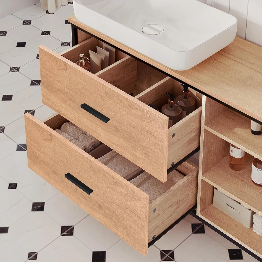 Mobiletto Bagno, Mobiletto Portaoggetti, Mobile Sottolavello da Bagno con 2 Cassetti e 3 Vani a Giorno, Struttura in Metallo, Rovere Chiaro - Nero, 90x30x60 cm