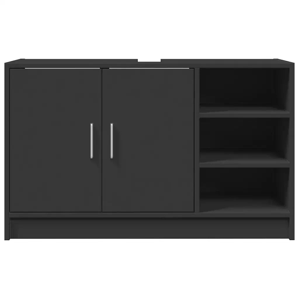 Elegante mobiletto sottolavabo nero con vani a giorno e 2 ante 90 x 29 x 55 cm realizzato in legno composito nero 02_0049542