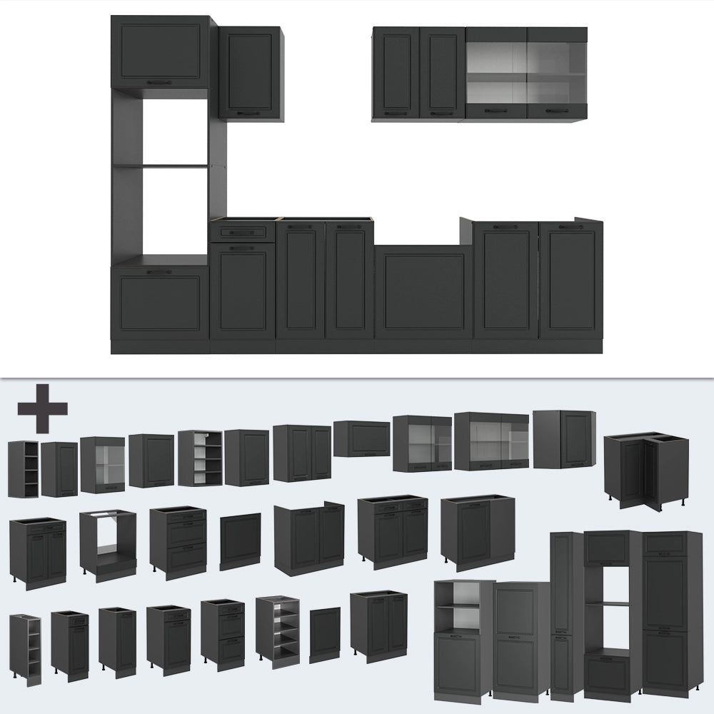 Cucina componibile R-Line Antracite rustico/Antracite 300 cm con armadio alto, PL Rovere Vicco