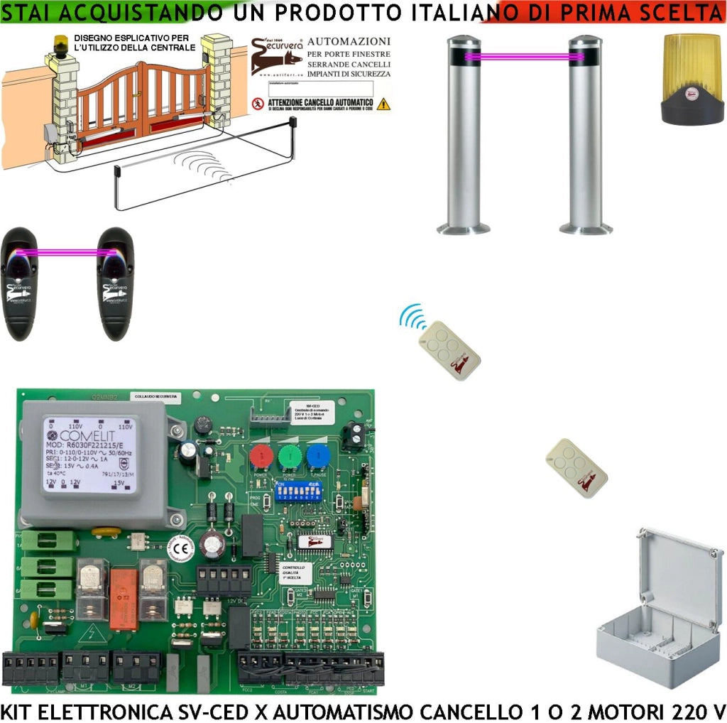QUADRO CANCELLO ELETTRICO 2 ANTE 220 V 2 RADIOCOMANDI 2 FOTOCELLULE 2 PALINE TEMPI FORZA FUNZIONI REGOLABILI FINE CORSA APRE E CHIUDE