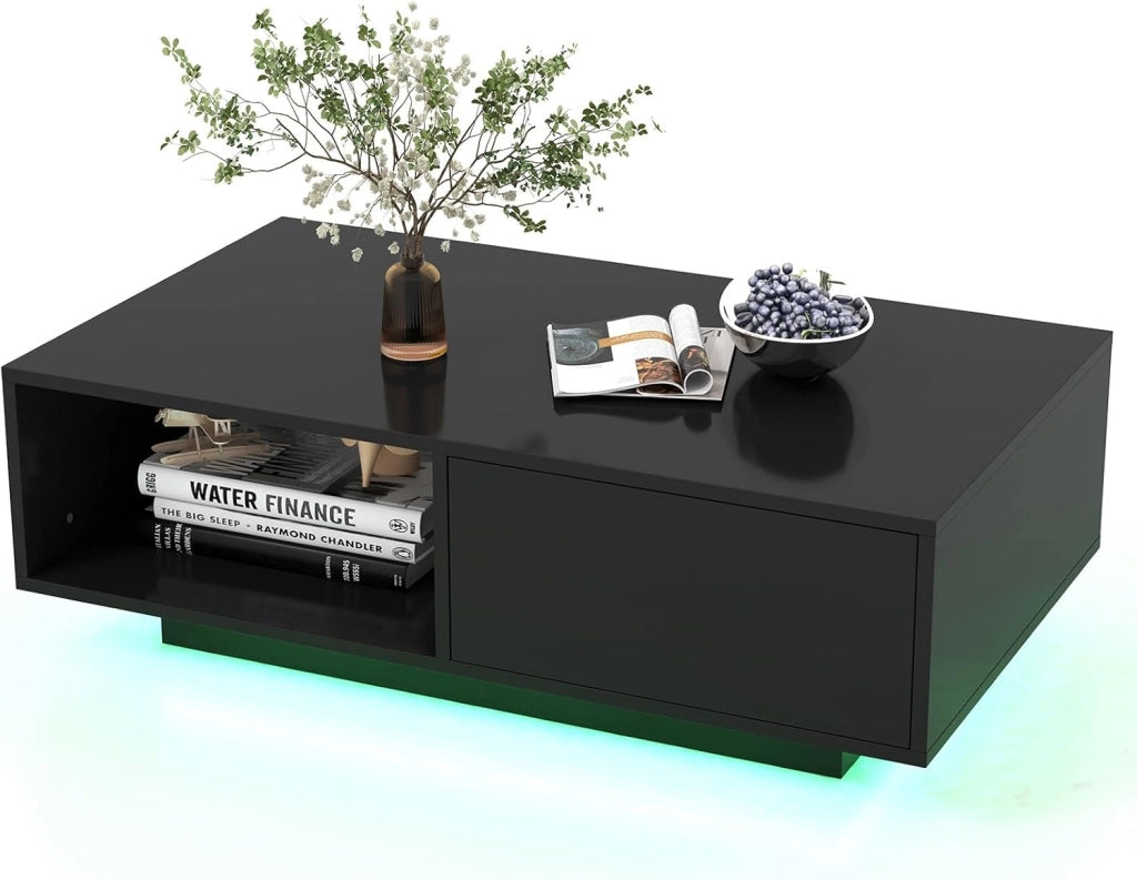 Tavolino da Salotto in Legno, Tavolino Moderno e Rettangolare con 20 Colori di Luci a LED, Telecomando, Cassetto e Ripiano Aperto, Tavolino per Studio e Ufficio (Nero)