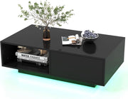 Tavolino da Salotto in Legno, Tavolino Moderno e Rettangolare con 20 Colori di Luci a LED, Telecomando, Cassetto e Ripiano Aperto, Tavolino per Studio e Ufficio (Nero)