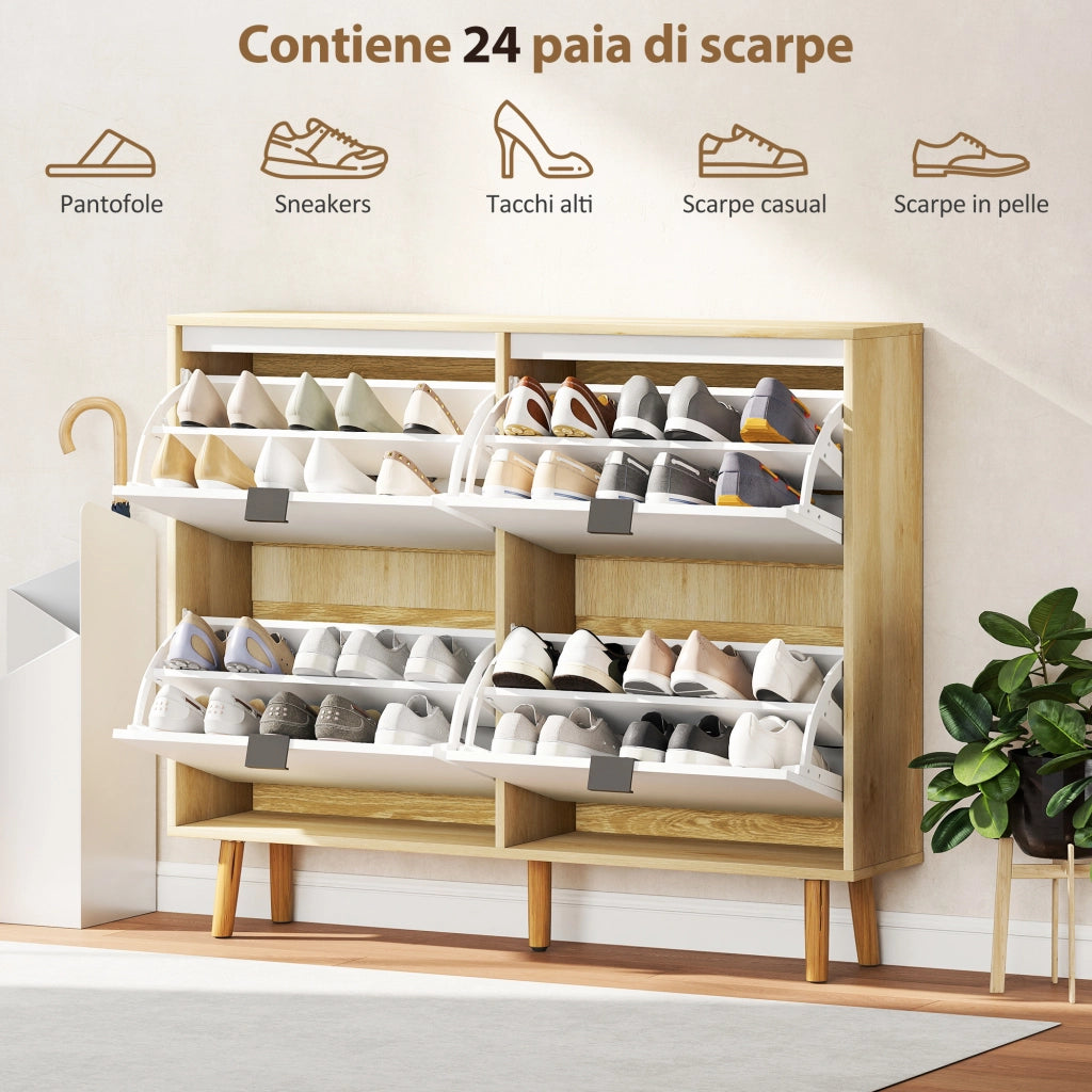 Scarpiera Slim con 4 Cassetti Ribaltabili per 20 Paia di Scarpe 105x24x92,5 cm Design Moderno in MDF Bianco