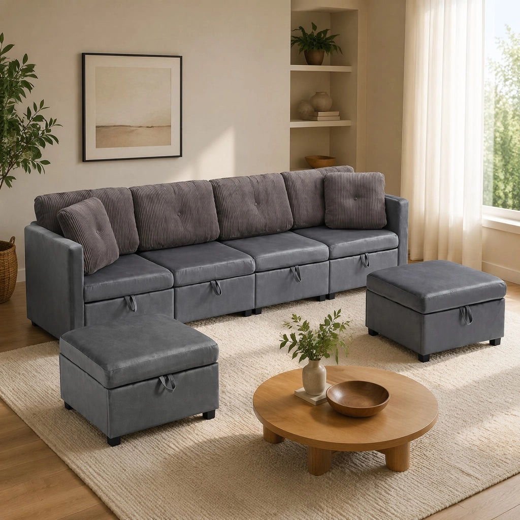 DIVANO modulare a U 261x132,5 cm velluto e corda grigio antico
