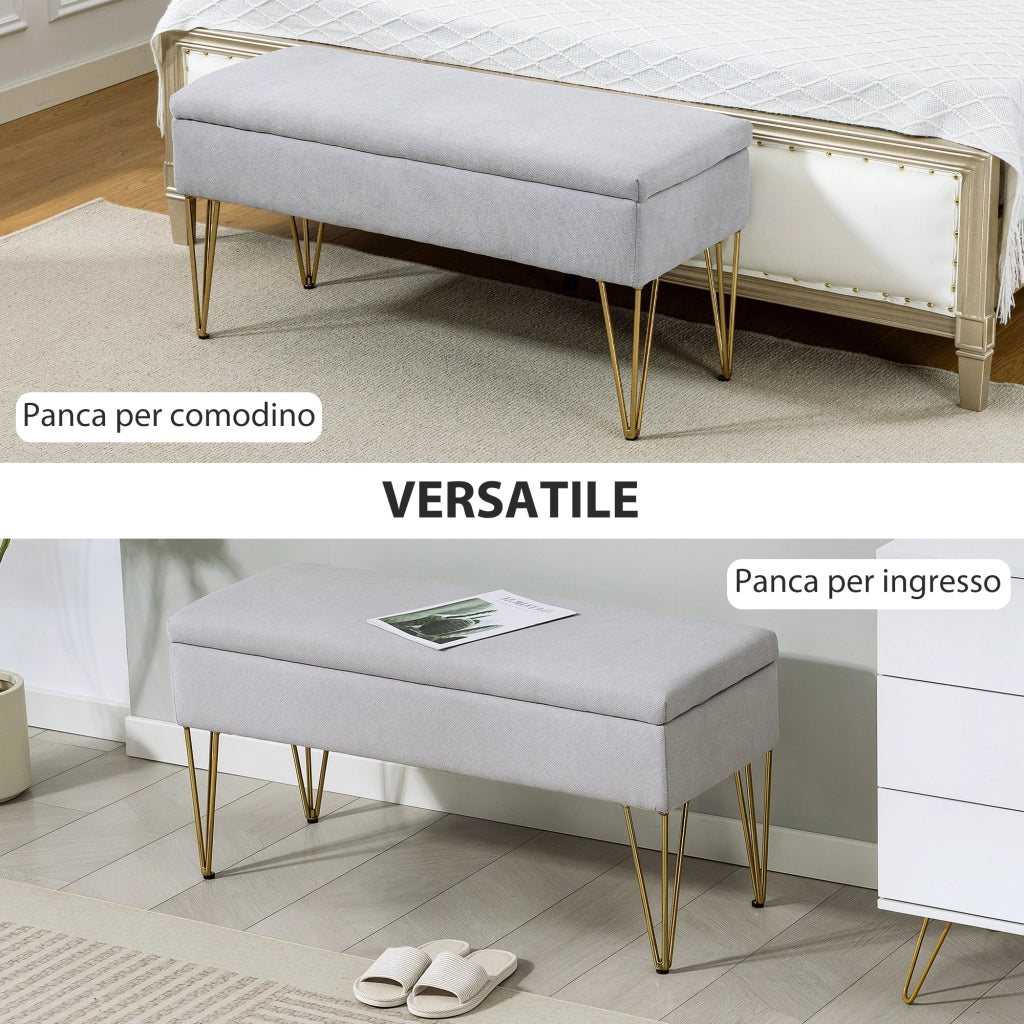 Panca Fondo Letto con Contenitore 100x40x49 cm in Tessuto e Gambe in Acciaio Grigio Chiaro