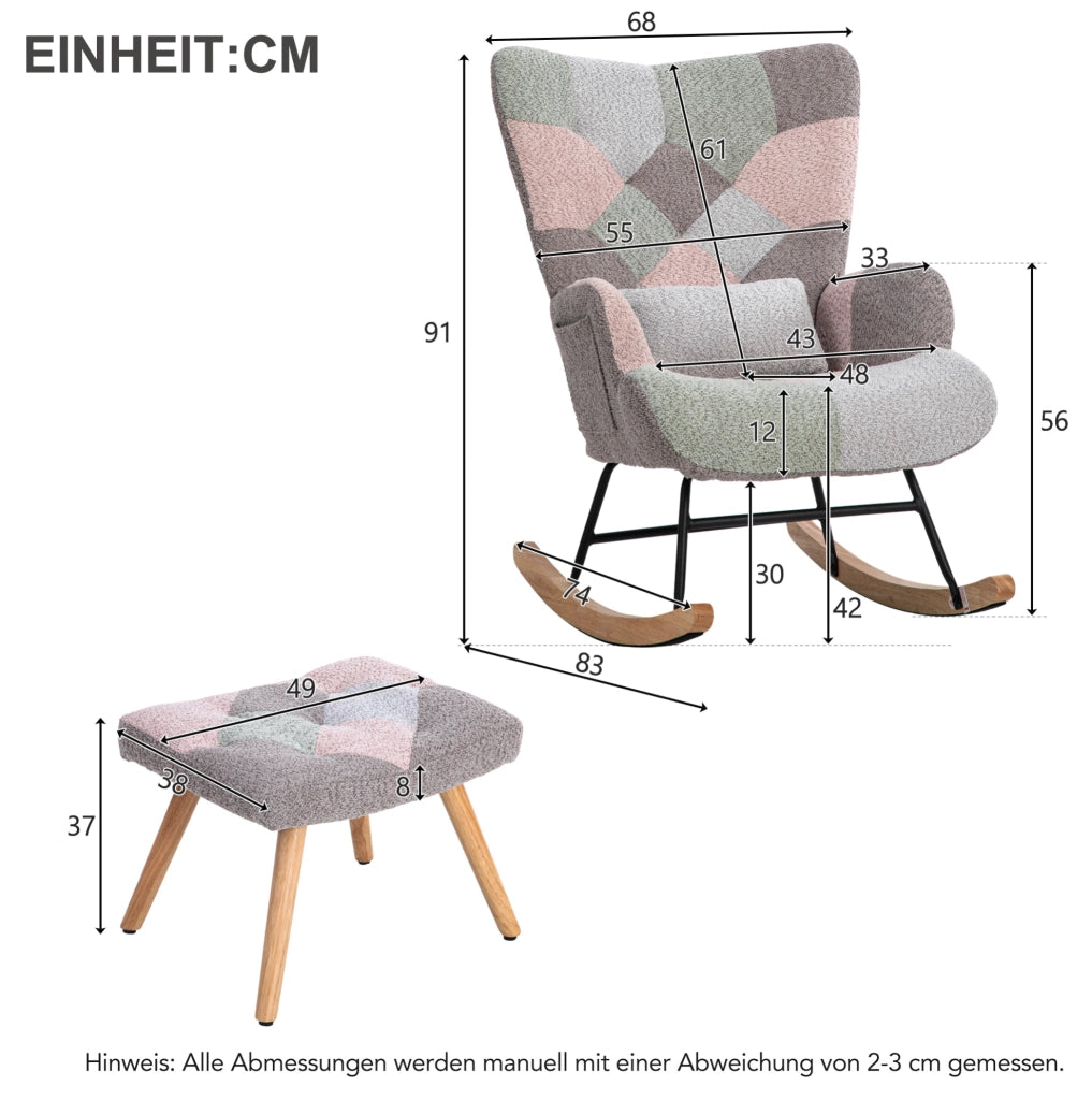 Sedia a dondolo ULEVR 93 cm con poggiapiedi, cuscino lombare e tasca laterale, multicolore