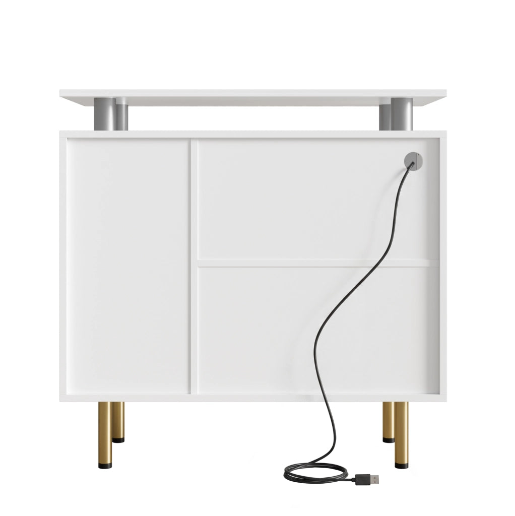 Credenza ULEVR 80x35x80 cm con LED, ante in vetro e cassetti, bianca