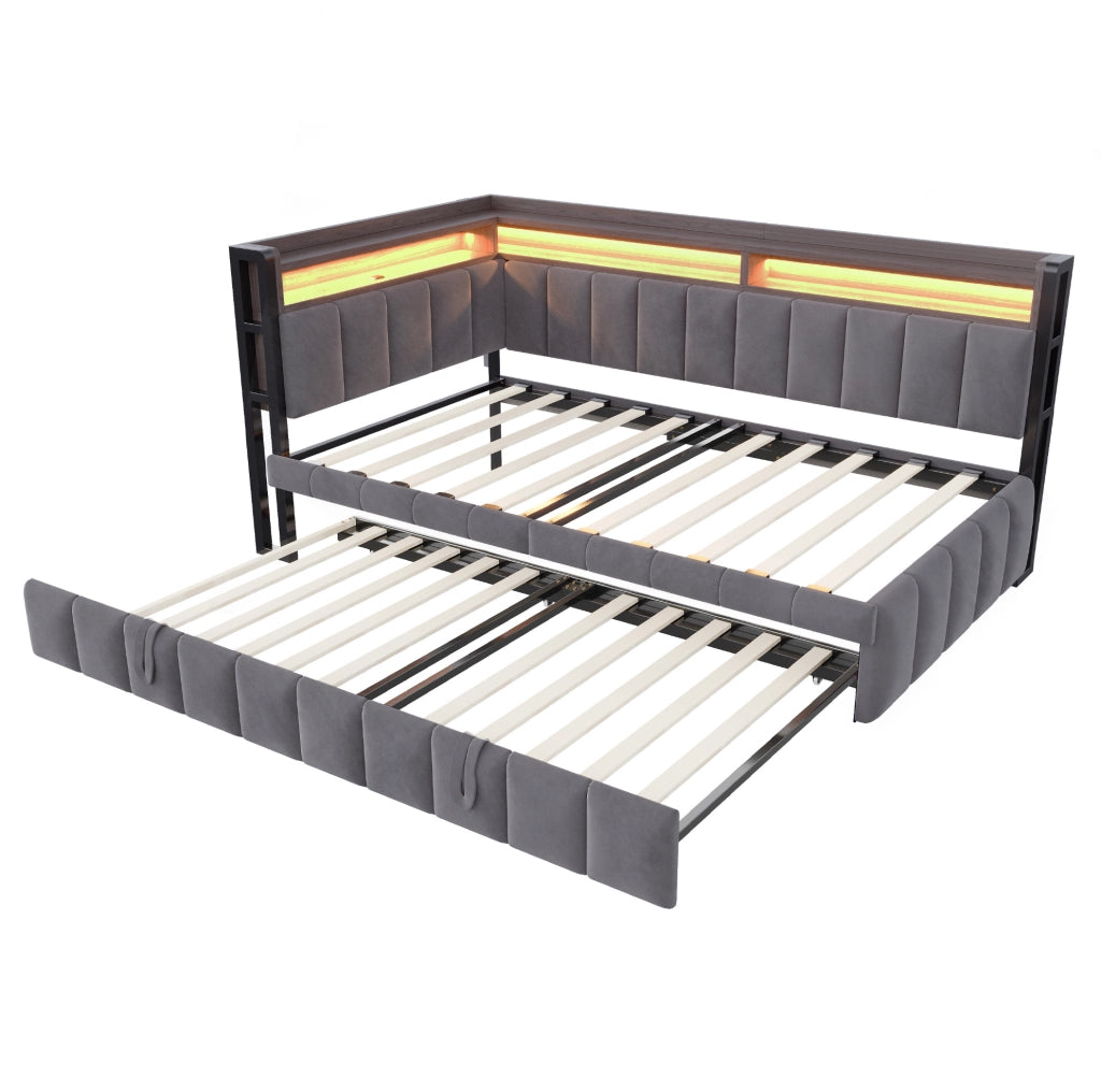 Divano letto 90x200 cm con letto estraibile, LED, USB e vani contenitivi