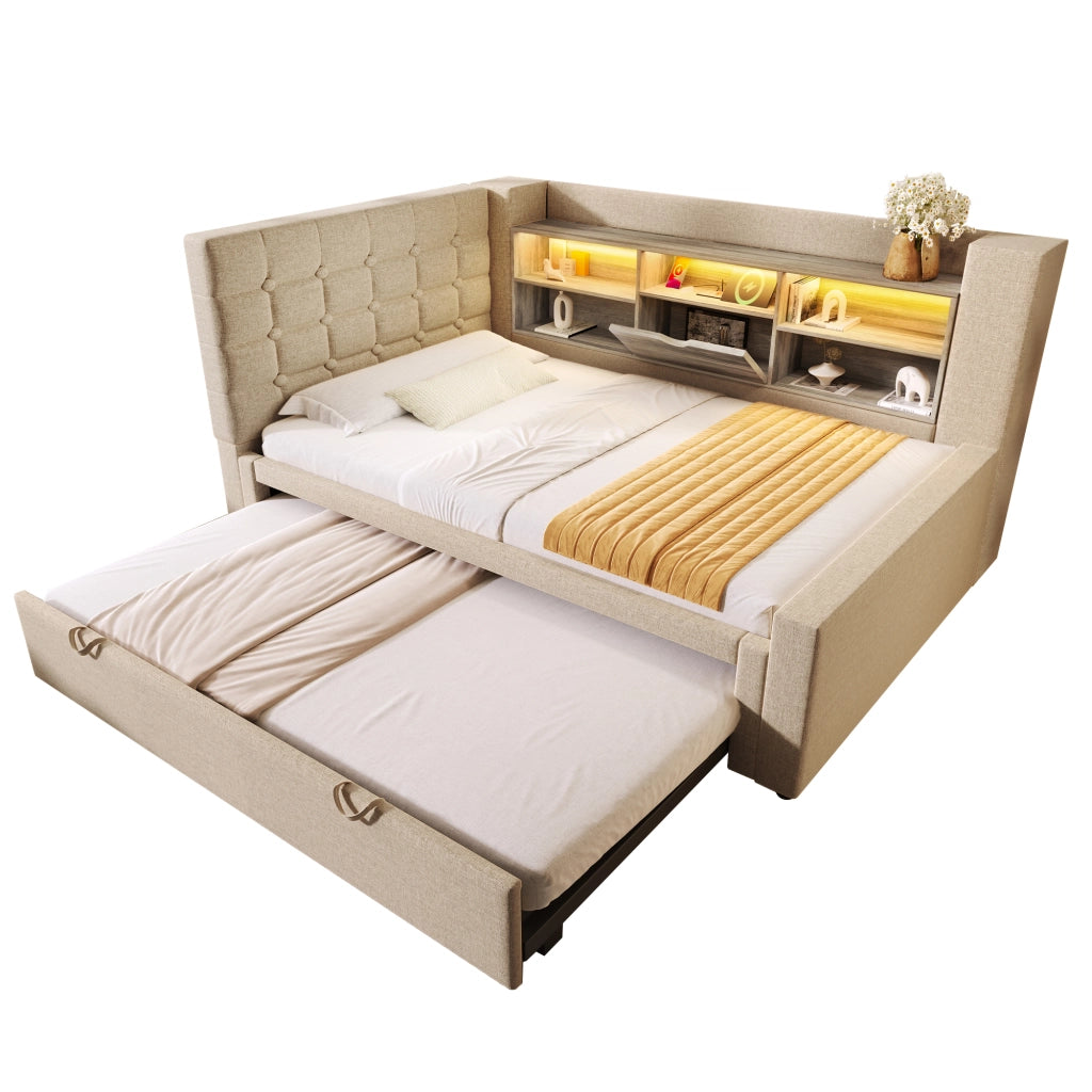 Letto imbottito 90x200 cm con letto estraibile, LED, prese USB, testiera L reversibile e contenitore