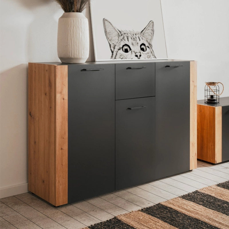 Madia Cento 01B con 3 ante e 1 cassetto colore antracite e laterali legno rovere artisan