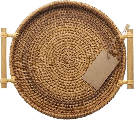 Tavolo da Caffè Rotondo con Maniglie - Tavolo da Salotto per Tè, Pane, Torta e Dolci - Naturale - 28cm di diametro