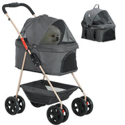 PASSEGGINO PER CANI 3 IN 1 PIEGHEVOLE CON BORSA TRASPORTINO E CESTINO INFERIORE GRIGIO