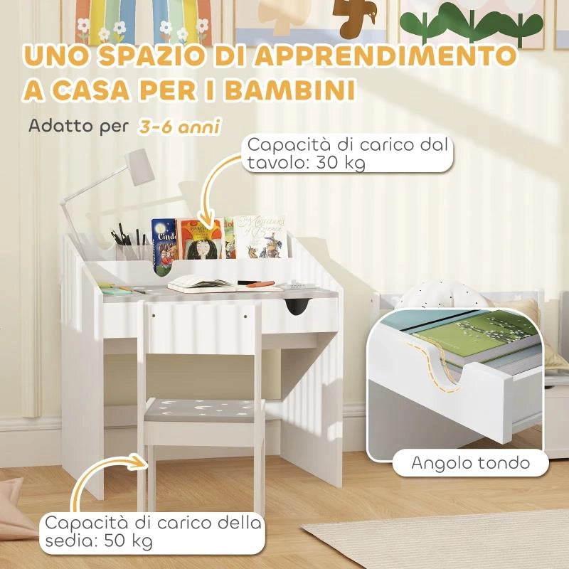 SET SEDIA E TAVOLINO PER BAMBINI 3-6 ANNI CON ORGANIZZATORE E CASSETTO ESTRAIBILE, IN LEGNO GRIGIO
