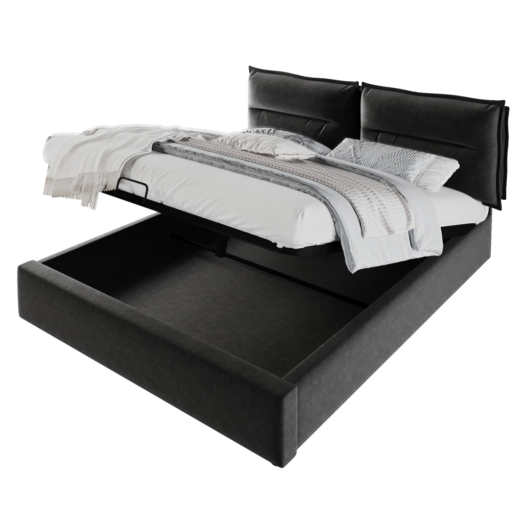 Letto matrimoniale imbottito 140x200 cm con contenitore, testiera regolabile, struttura in metallo e velluto, nero, senza materasso