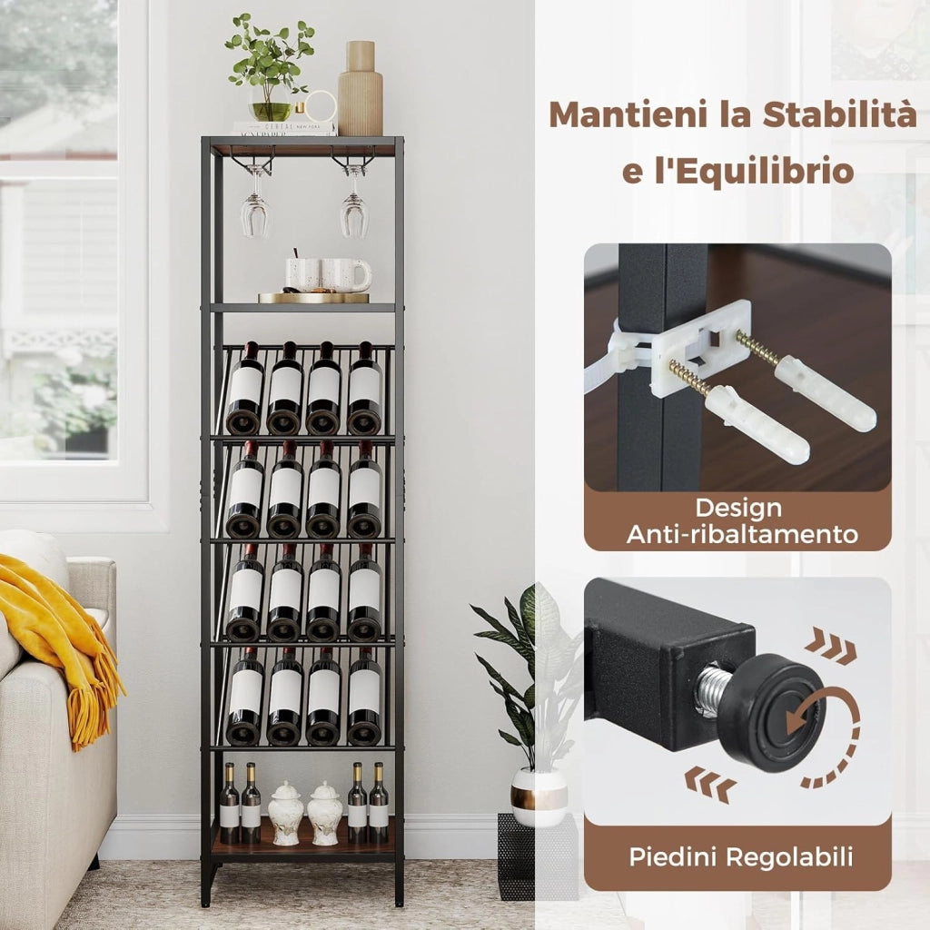 Portabottiglie da Terra a 7 Livelli, Cantinetta Portabottiglie di Vino con Portabicchieri e Piano d'Appoggio, per 16 Bottiglie, Scaffale Espositivo per Vino per Bar, Cucina e Sala da Pranzo