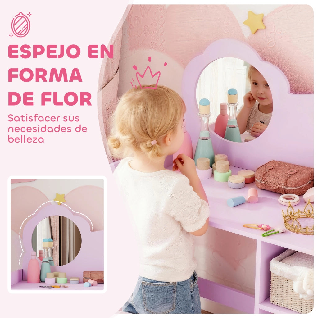 Tavolino da trucco con specchio a forma di fiore e sgabello ¨C Xylo ¨C Rosa con scaffale