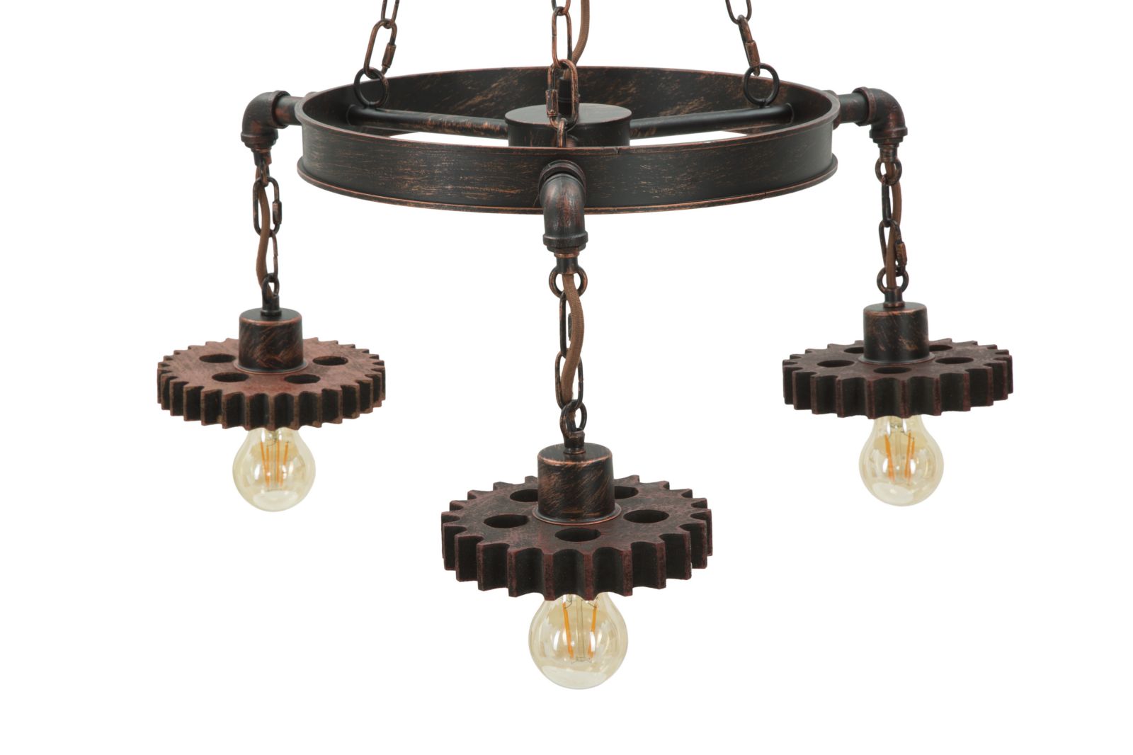 Lampadario Ingranaggio 3 Luci Ø54x104 cm in Ferro e Legno Nero e Rame