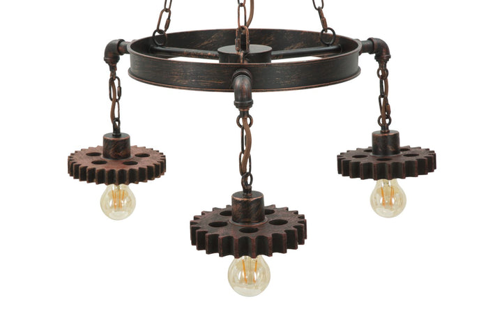 Lampadario Ingranaggio 3 Luci Ø54x104 cm in Ferro e Legno Nero e Rame