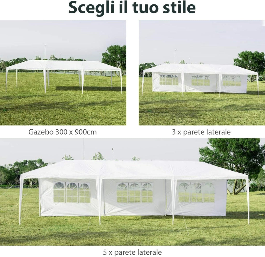 Gazebo da Giardino 3 x 9 m, Tendone per Feste con 5 Pannelli Laterali Rimovibili, Impermeabile Protezione UV, per Matrimonio Eventi e Barbecue