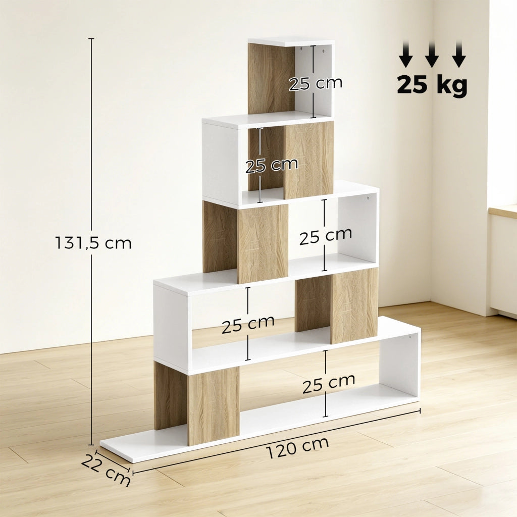 Libreria Moderna 120x22x131,5 cm a 5 Ripiani con Design a Gradini Bianco e Legno