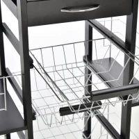 Carrello da Cucina con Cassetto, 4 Cesti di Frutta Estraibili e Piano in Ceramica, Carrello Cucina Salvaspazio con 4 Ripiani Laterali in Legno di Pino e Metallo, 57x37x83 cm, Nero