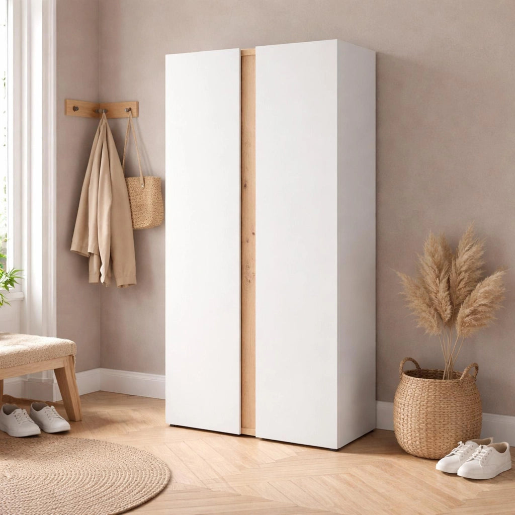 Mobile Portascarpe Con 2 Ante E 6 Ripiani Regolabili Design Minimal Capacità Fino A 18 Paia Per Ingresso Zona Giorno Corridoio 102 x 56.5 x 35 cm Bianco E Rovere