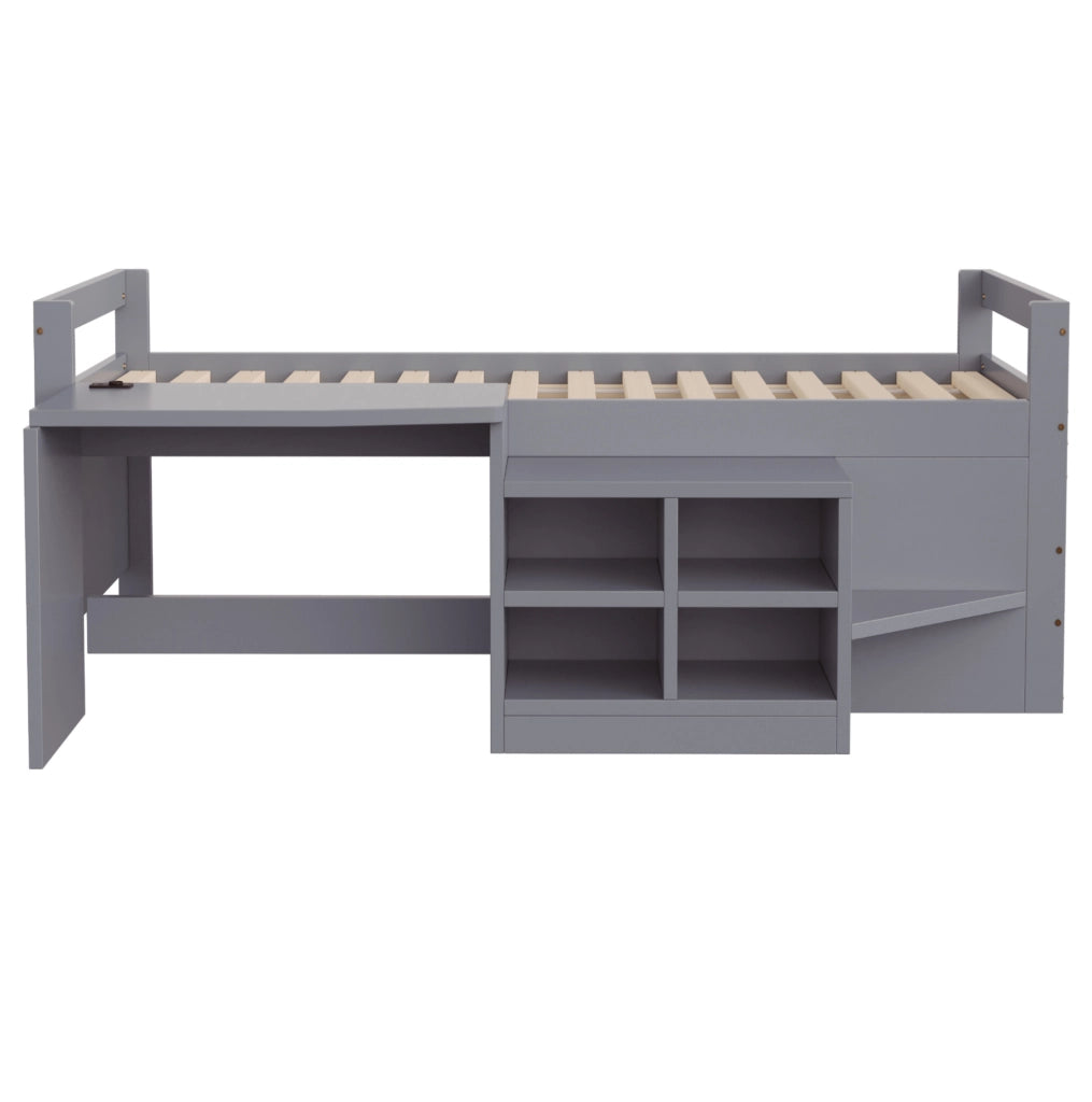 Letto a soppalco ULEVR 90x200 cm con scrivania, vani contenitore, 2 USB e presa, grigio