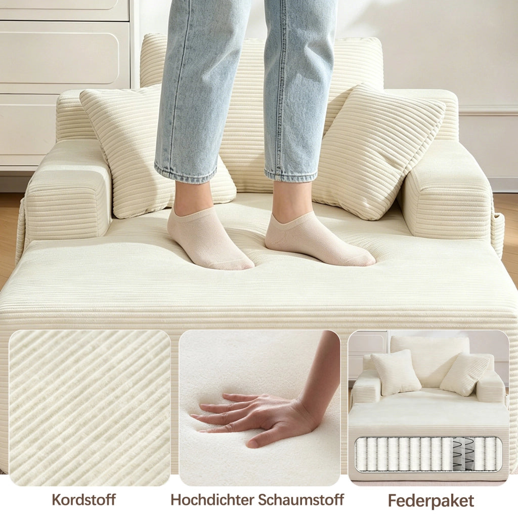 Divano dritto con tasche laterali, cuscini e seduta in schiuma con molle, in velluto a coste, Beige