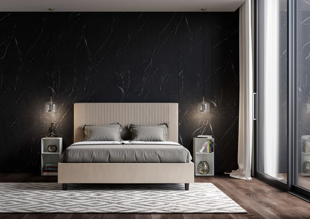 Letto Matrimoniale 160x210 cm con Rete e Contenitore con Testata e Alzata Comoda Imbottito in Similpelle Goya Tortora