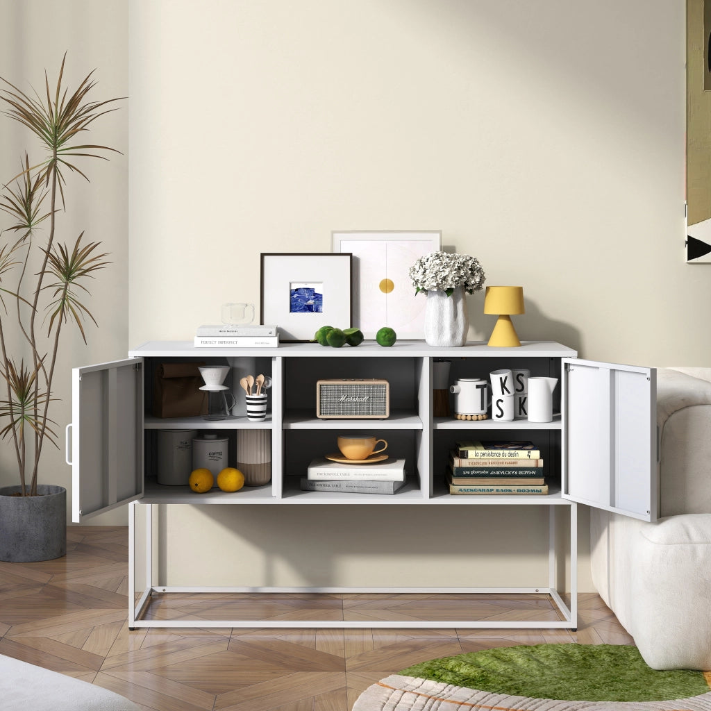 Credenza e madia in metallo con 6 vani e 3 ripiani fissi, per cucina e soggiorno, bianco, 120 × 40 × 75 cm