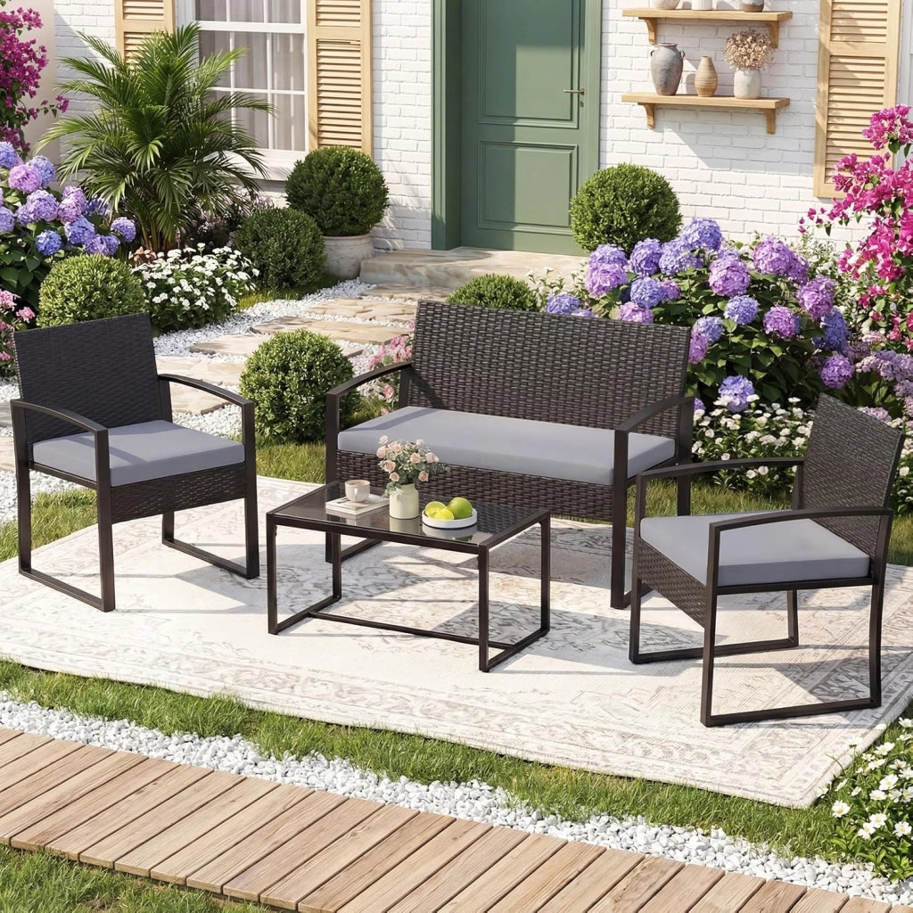 Set Salotto da Giardino a 4 Pezzi, Divanetto in Rattan con 2 Poltrone Ergonomiche e Tavolino con Piano in Vetro Temperato, Set Mobili da Esterno con Cuscini per Balcone e Patio (Grigio)