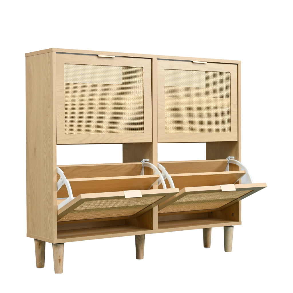 OKWISH Scarpiera con 4 Ante a Ribalta, Ripiani Regolabili, Dettagli in Rattan e Gambe in Legno, per Ingresso, 100×25×90 cm