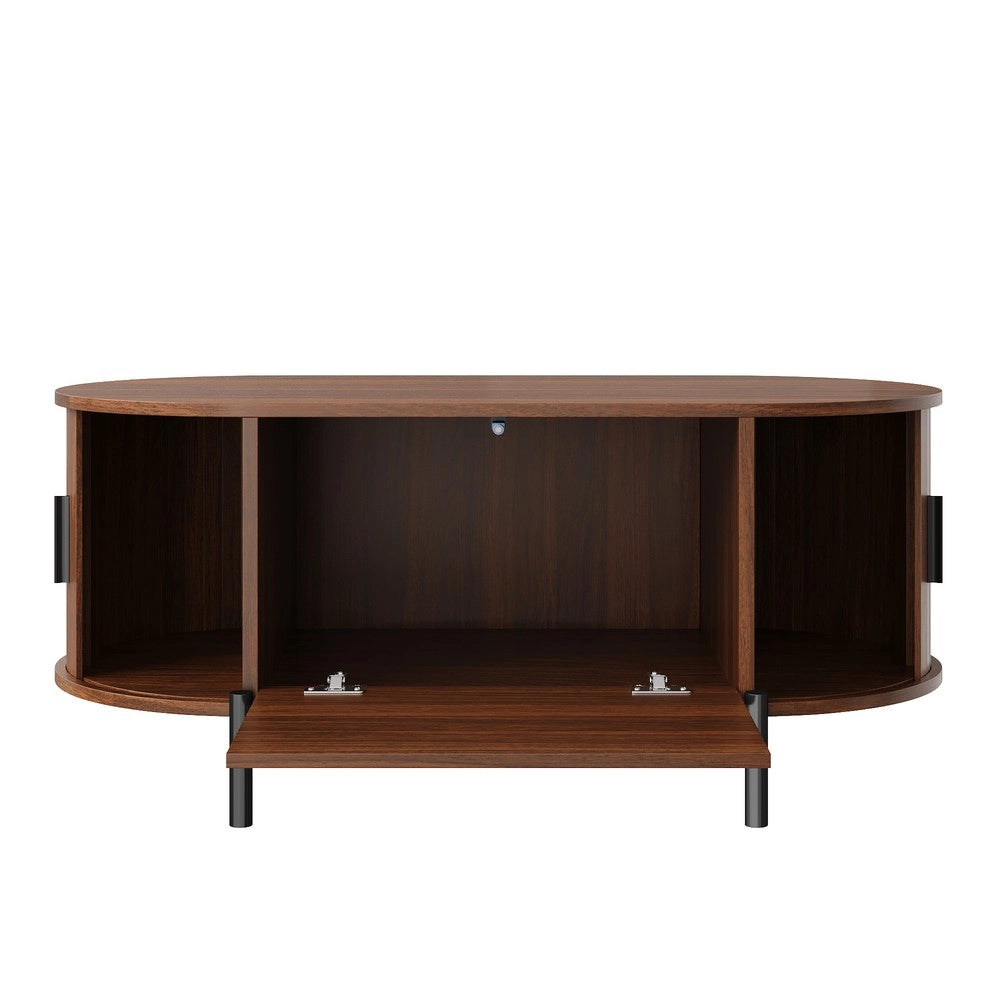 Tavolino da Caff¨¨ Ovale con Rattan e Ante Scorrevoli ¨C MINIMAL ¨C Legno e Metallo con Vano Contenitore