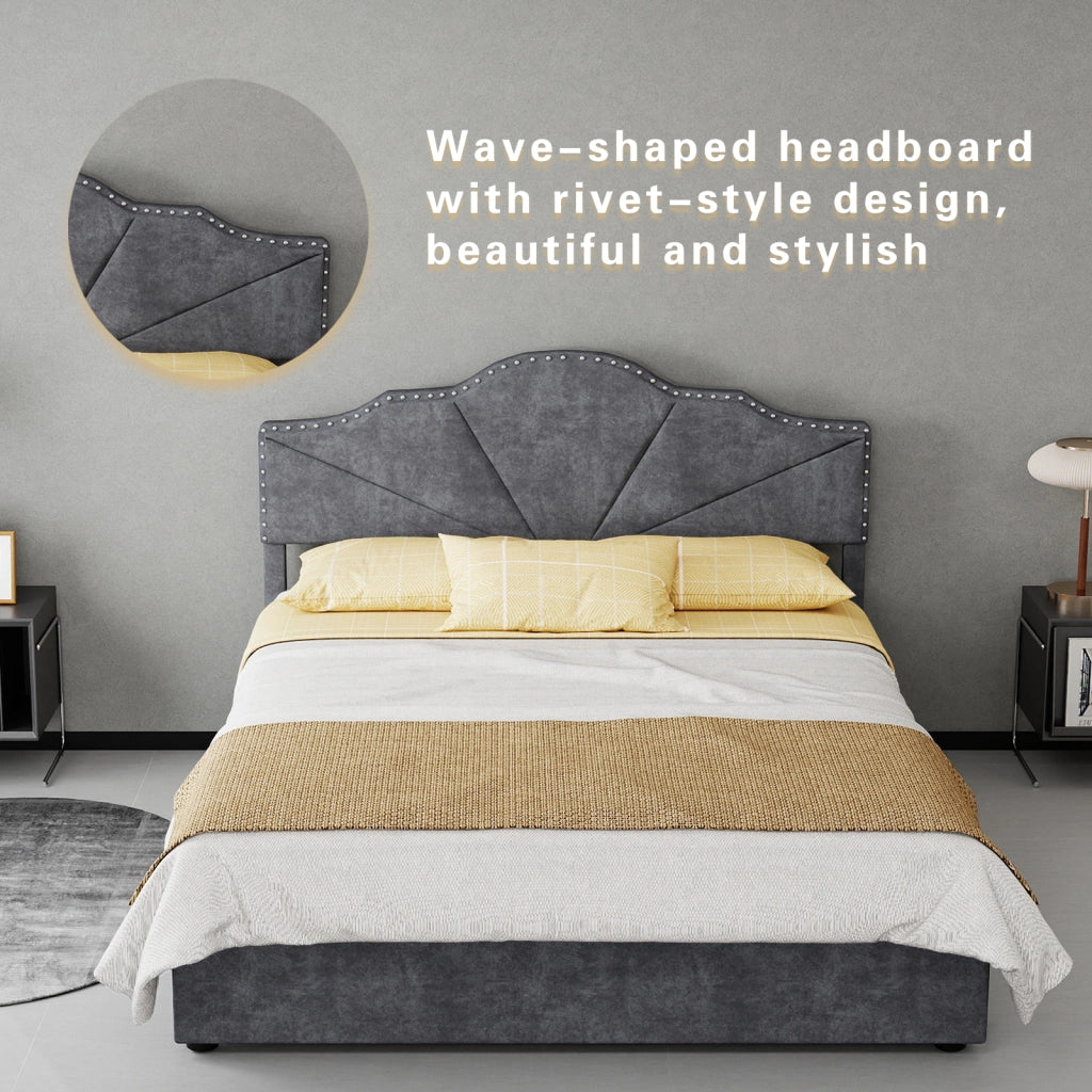 DESMIU Letto contenitore 140 × 200 cm 2 posti con testiera geometrica, senza materasso, in tessuto, grigio