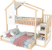 Letto a Castello 90x200 cm e 140x200 cm con Scaletta Contenitore; Finestre e Sponda; Naturale e Bianco
