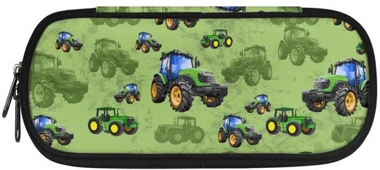 Etui per bambini, grande etui per ragazzi e ragazze, etui, taschino con compartimenti, tractor cartoon, verde, organizzatore di tasche