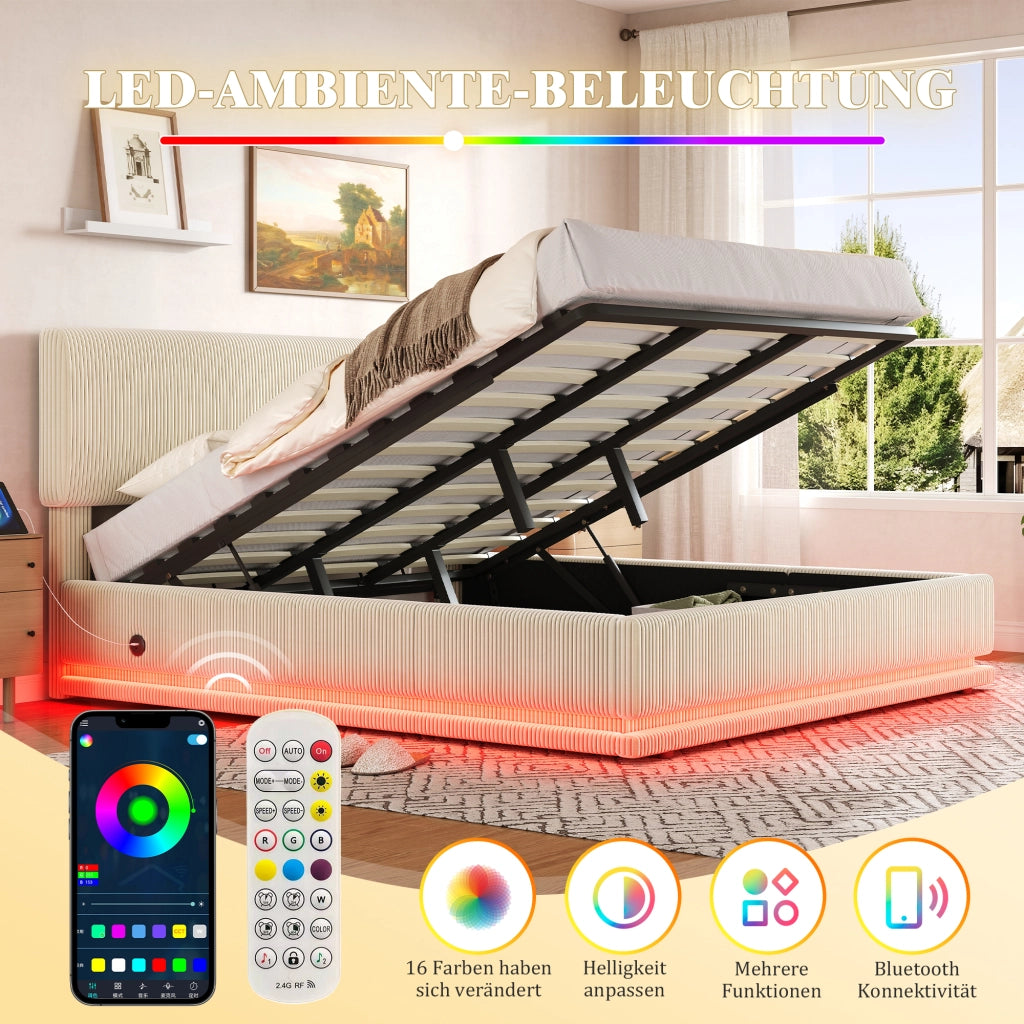 Letto contenitore 180 × 200 cm 2 posti con LED, USB-C, testiera regolabile, senza materasso, beige
