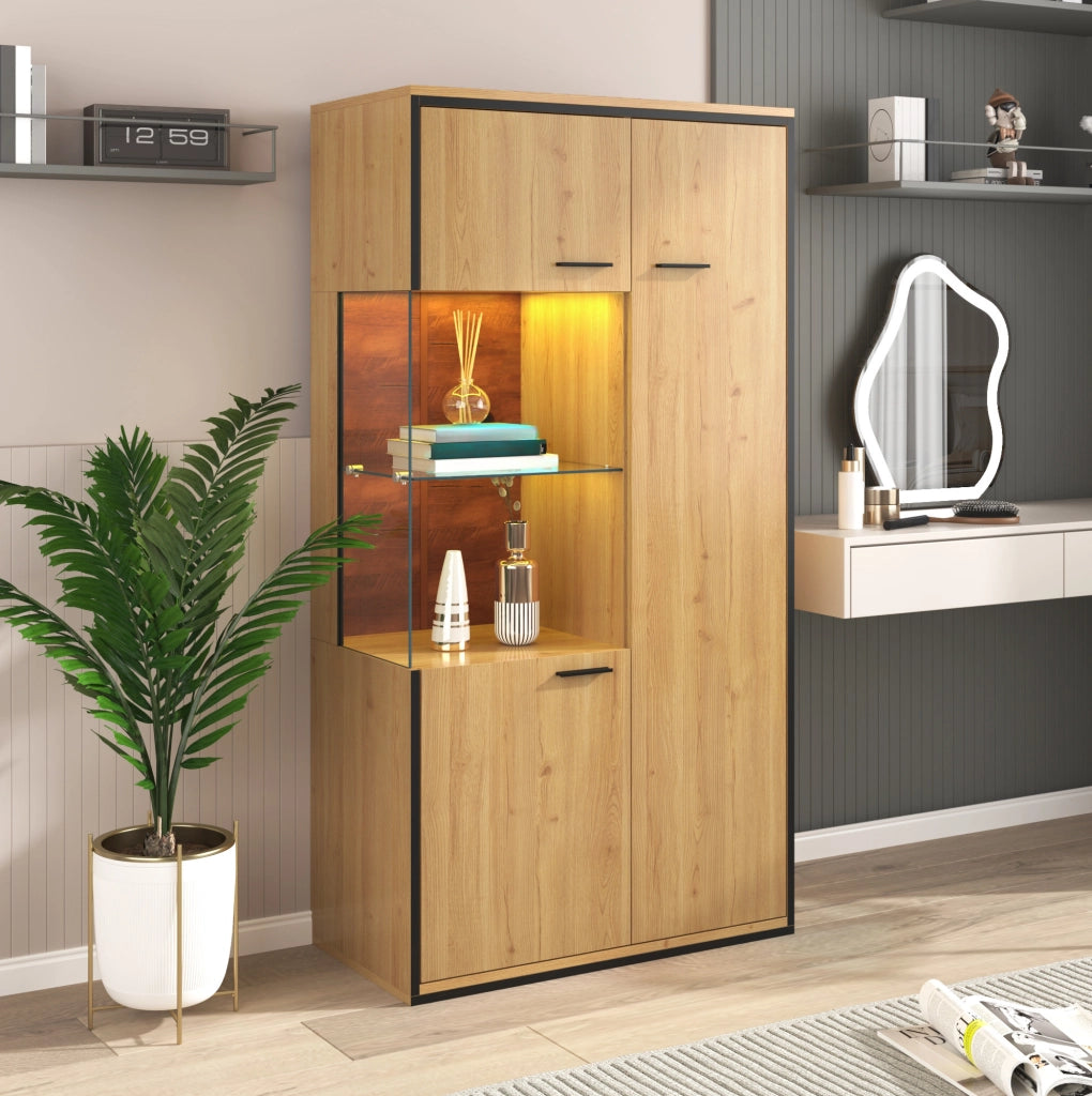 Vetrina moderna con LED; 150 cm; 3 ripiani regolabili; MDF; colore naturale