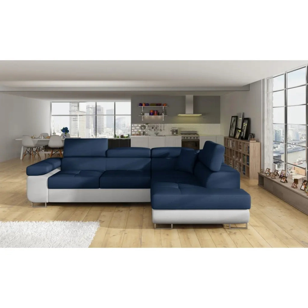 Divano ad angolo convertibile MENTON blu oceano e bianco – Angolo destro con contenitore