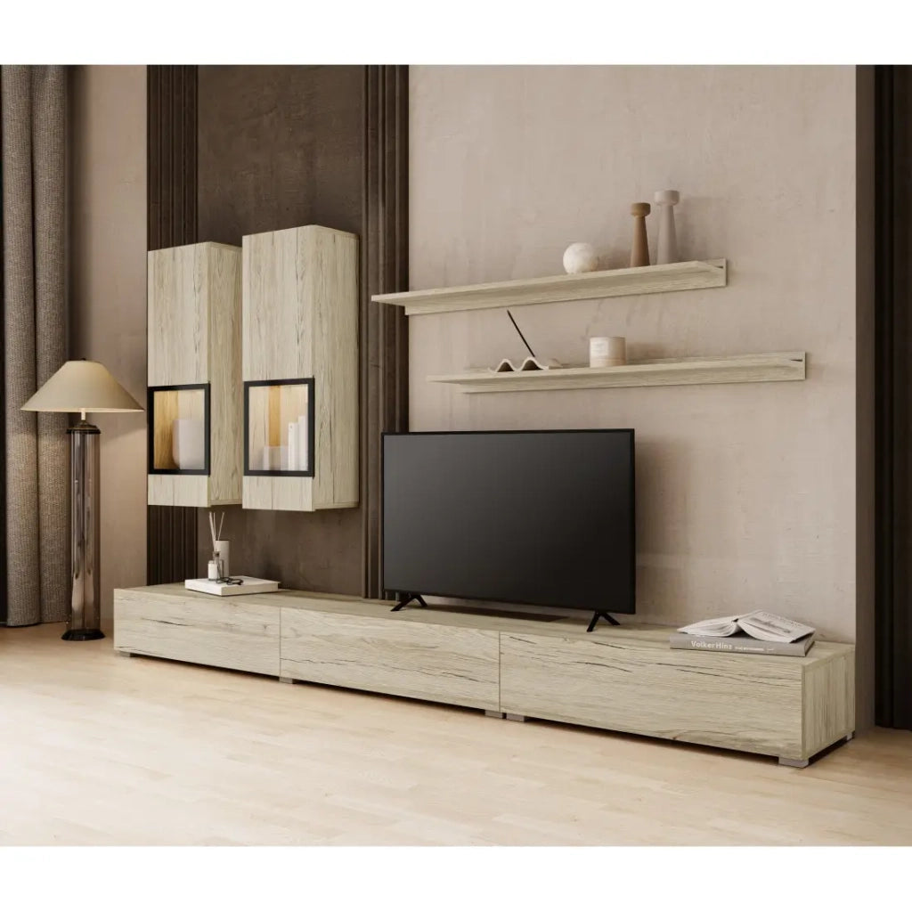Set soggiorno RAMOS – LED multicolori integrate – Rovere e nero - Mobile TV, vetrine, scaffali