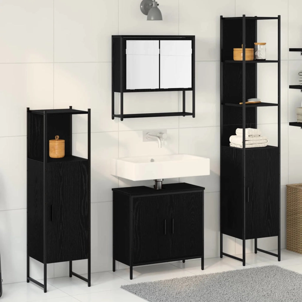 Set di mobili per il Bagno | Armadio da bagno 4 pz Nero Legno multistrato