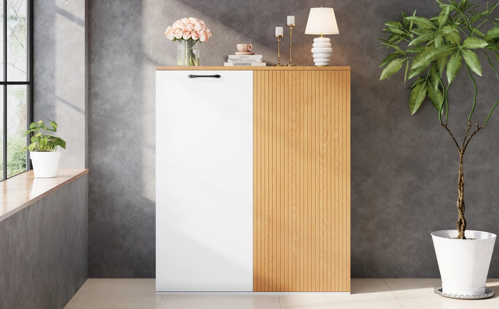 Highboard 80x40x110 cm in MDF bianco e rovere, mobile contenitore moderno per ufficio