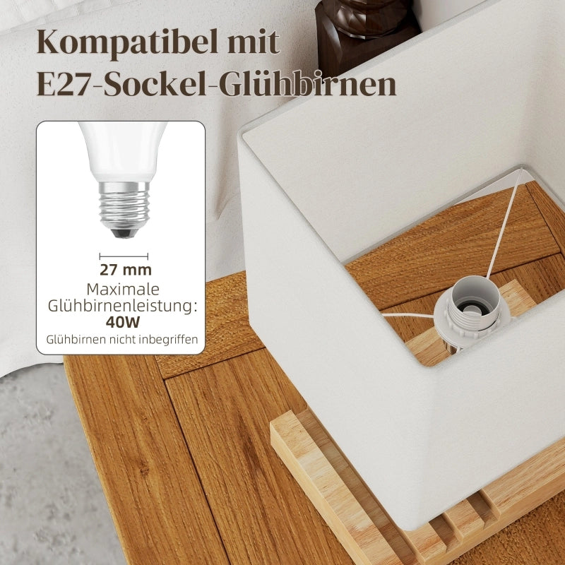 Lampada da comodino, porte USB, legno, tessuto, interruttore a bilanciere, vani portaoggetti, bianco