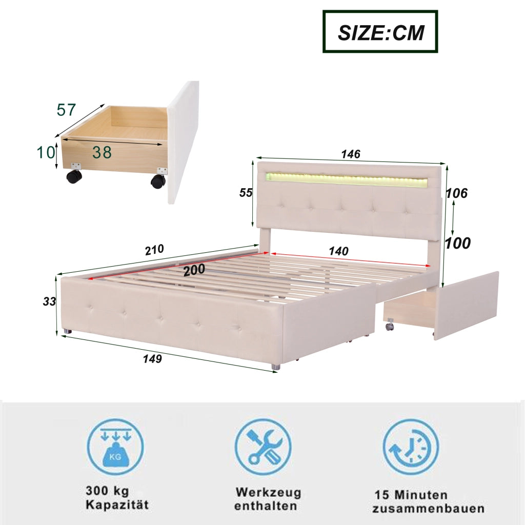 Letto Imbottito con LED, Contenitore e Testiera ¨C MINIMAL ¨C 140x200, Beige, 4 Cassetti