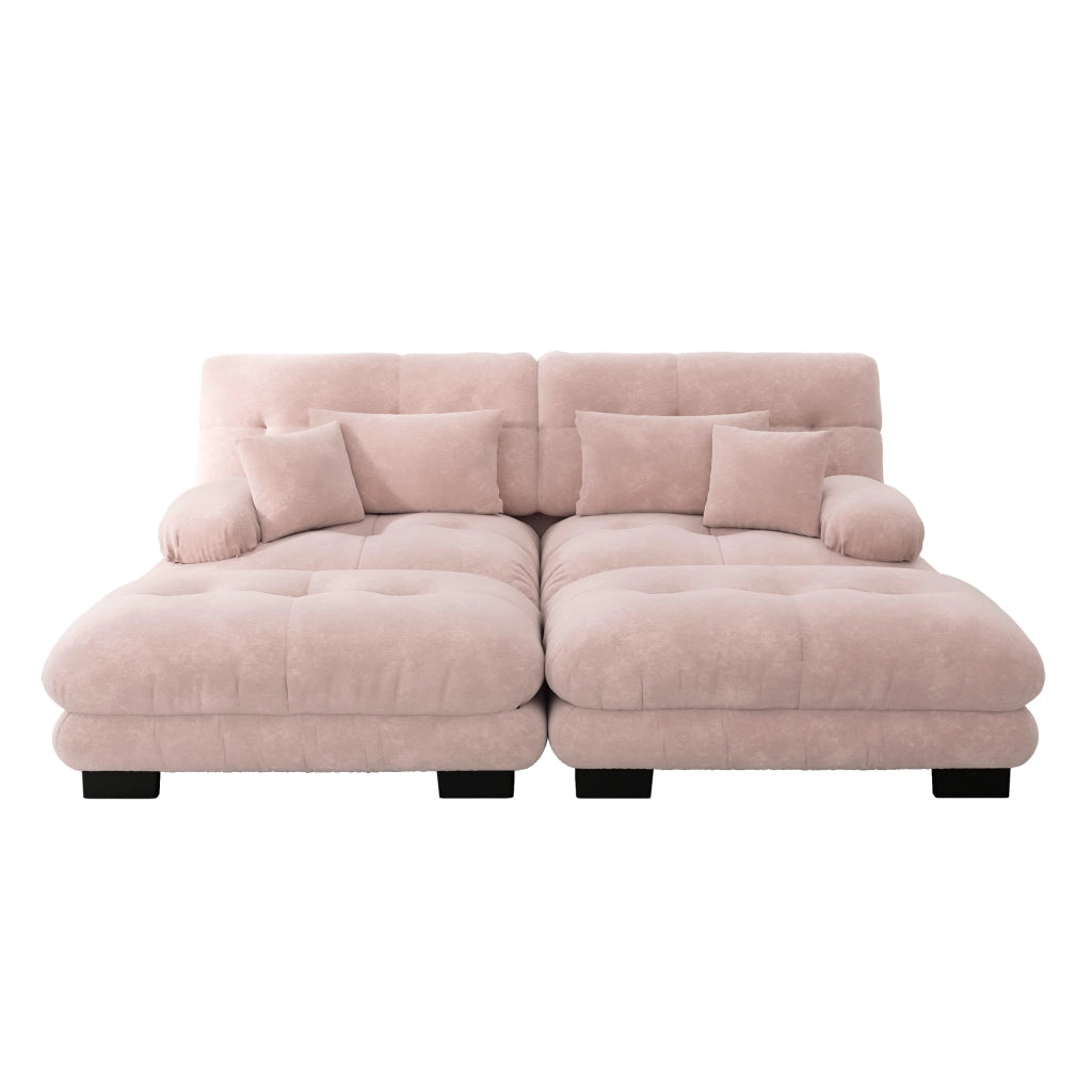 Divano modulare in chenille con cuscini lombari, pouf mobili e braccioli imbottiti per soggiorno rosa