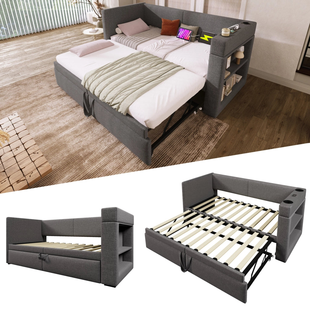 Divano letto ULEVR 90x200 cm con letto estraibile, USB, Type-C e portabicchieri, grigio